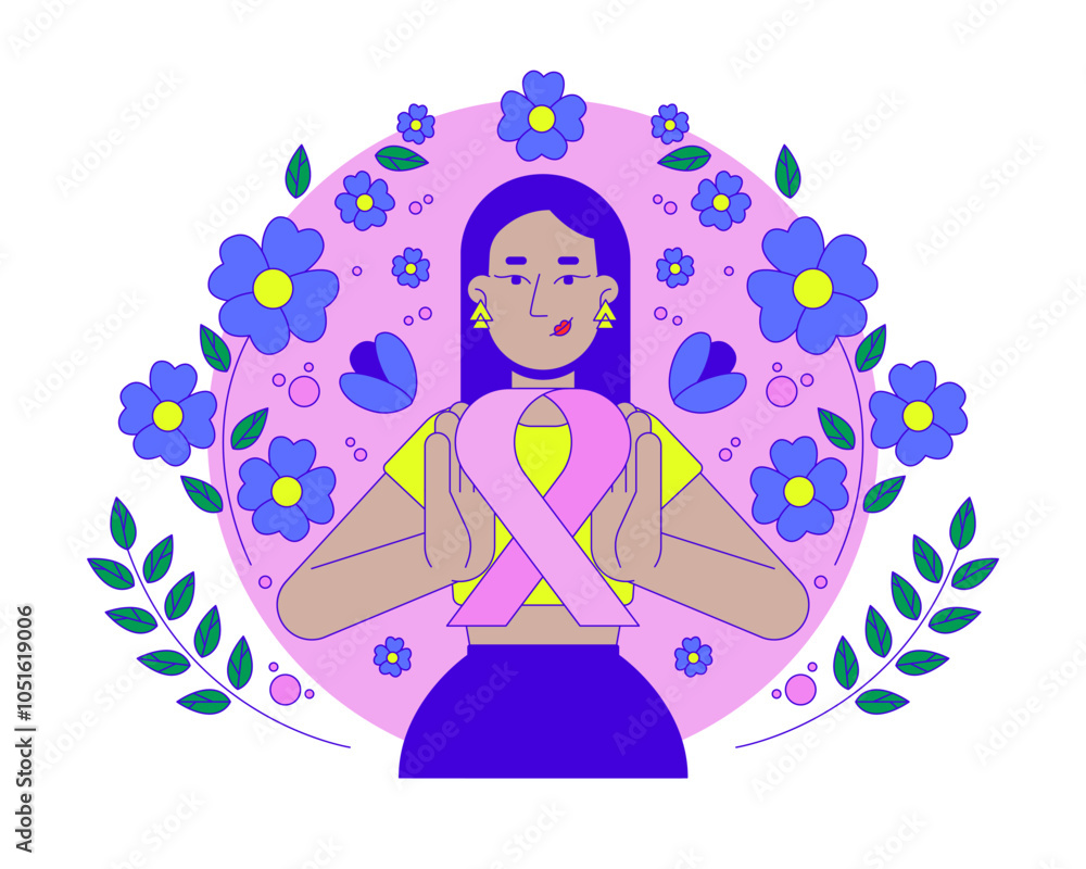 Middle eastern feminist movement of pink ribbon 2D illustration concept. Breast cancer solidarity. Turkish woman femininity cartoon character isolated on white. Metaphor abstract flat vector graphic Middle eastern feminist movement of pink ribbon 2D illustration concept. Breast cancer solidarity. Turkish woman femininity cartoon character isolated on white. Metaphor abstract flat vector graphic