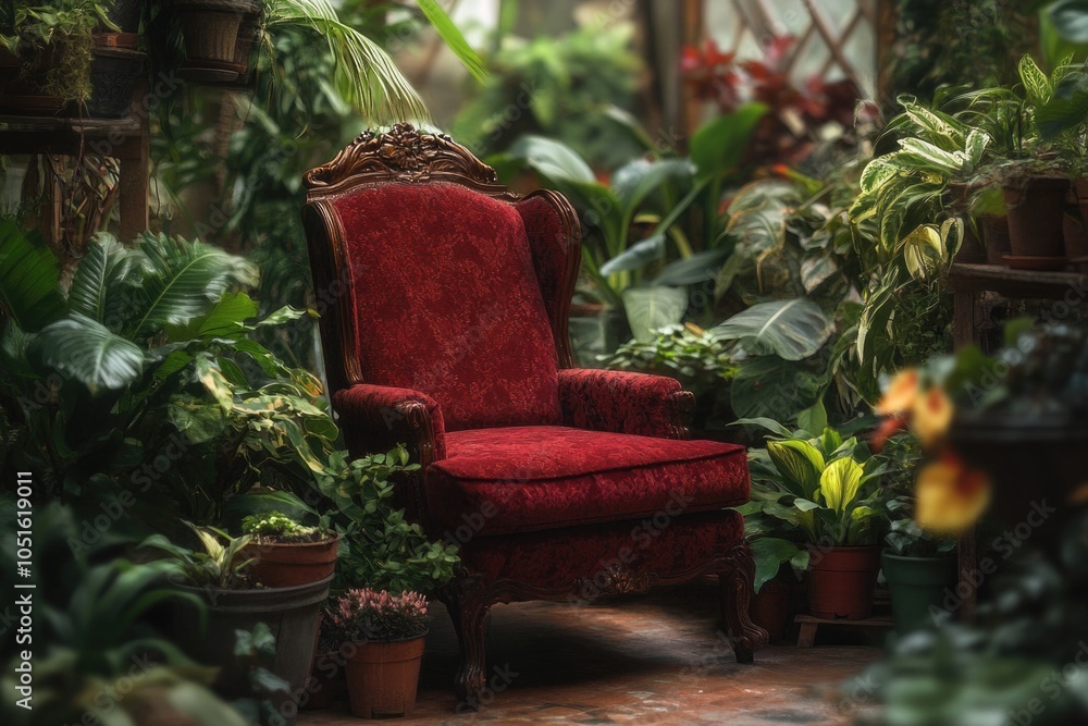 Fototapeta premium A single red chair placed among potted plants in a serene garden setting, great for decorating or illustration