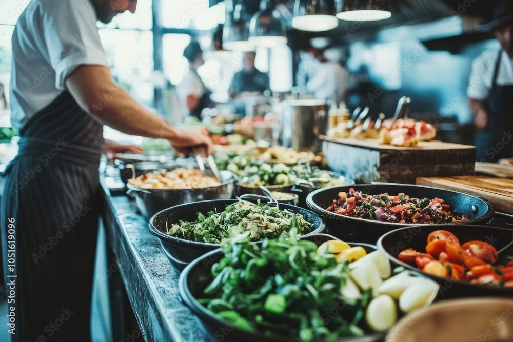 Obraz premium A chef prepares food in a busy restaurant kitchen