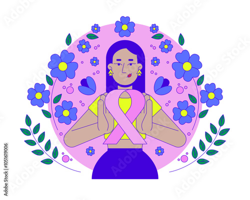 Middle eastern feminist movement of pink ribbon 2D illustration concept. Breast cancer solidarity. Turkish woman femininity cartoon character isolated on white. Metaphor abstract flat vector graphic
