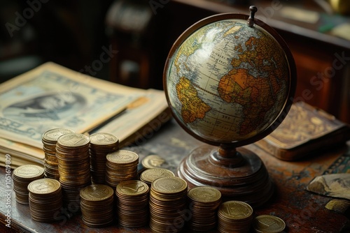 A globe sits atop a pile of coins, symbolizing wealth and exploration