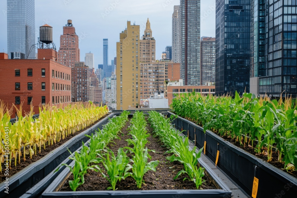 Fototapeta premium An eco-friendly urban farm rooftop with rows of corn growing in planter boxes, city skyscrapers in the background, highlighting sustainable urban agriculture