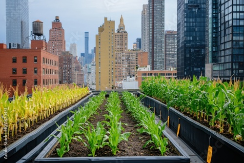 An eco-friendly urban farm rooftop with rows of corn growing in planter boxes, city skyscrapers in the background, highlighting sustainable urban agriculture