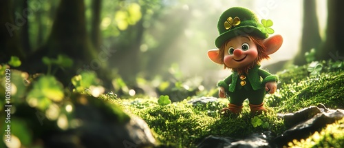Cheerful leprechaun in green outfit, nature background