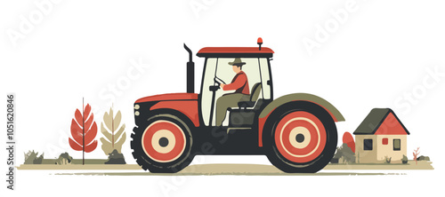 Vector Illustration of Farmer Driving Red Tractor on Scenic Farm Landscape