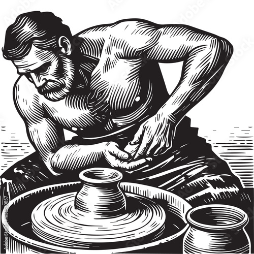 Black and White Woodcut of Traditional Potter at Work, Vintage Style Illustration