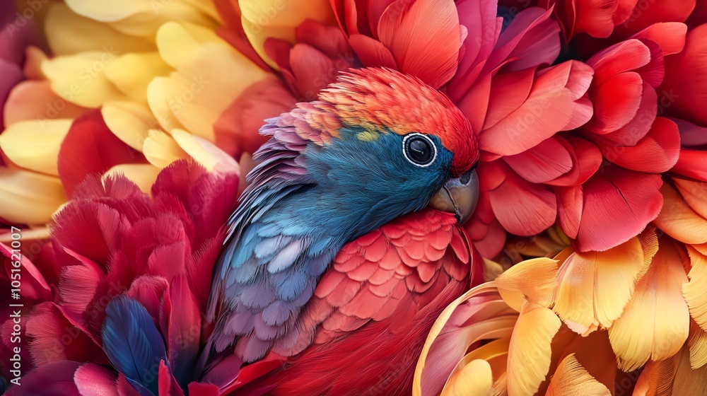 Obraz premium Colorful parrot nestled in vibrant flowers.