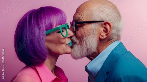 Photo of an older couple kissing.