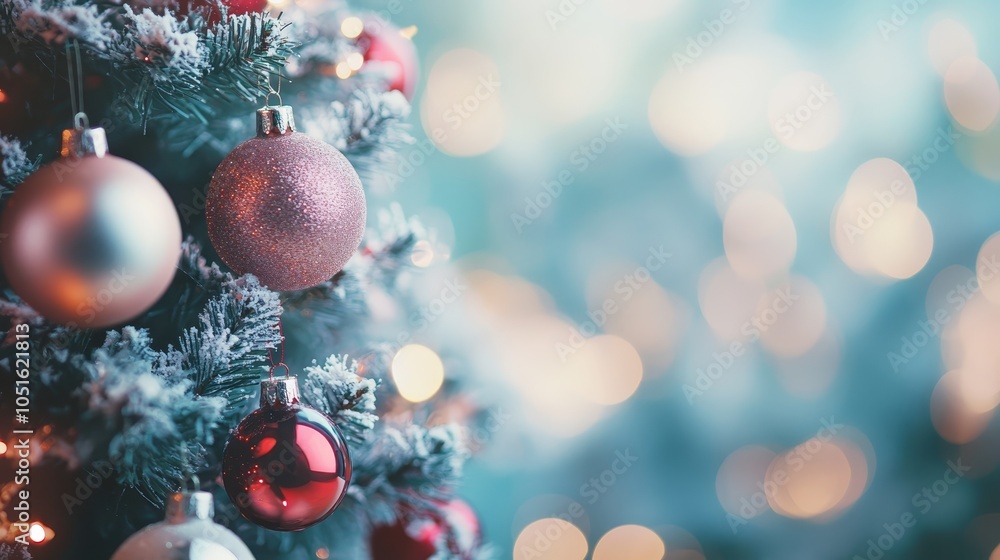 Elegant ornaments adorn a festive christmas tree, creating magical holiday atmosphere Elegant ornaments adorn a festive christmas tree, creating magical holiday atmosphere