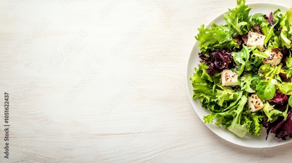 Fresh Green Salad with Feta Cheese on White Plate and Wooden Table Top View Fresh Green Salad with Feta Cheese on White Plate and Wooden Table Top View
