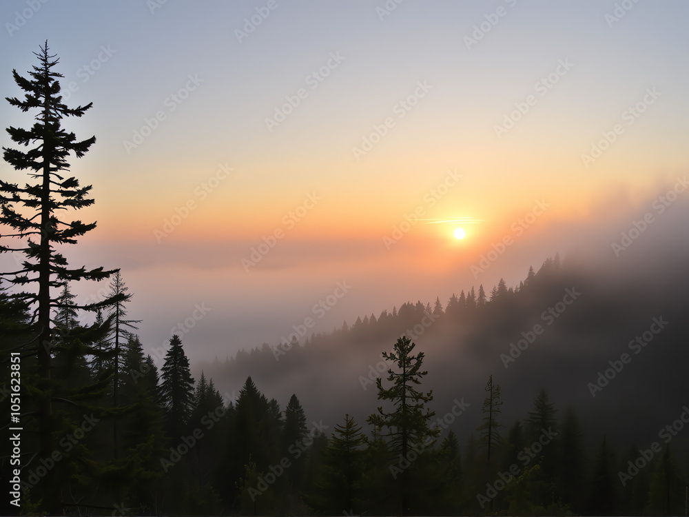 A serene sunrise over misty mountains with lush forests in early morning light A serene sunrise over misty mountains with lush forests in early morning light