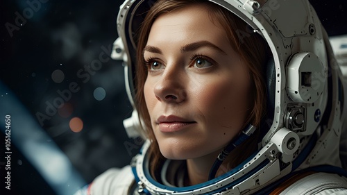 Close-up portrait of a beautiful woman astronaut in space.