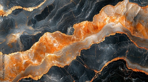 A close-up of a textured stone surface showcasing vibrant orange and black patterns.