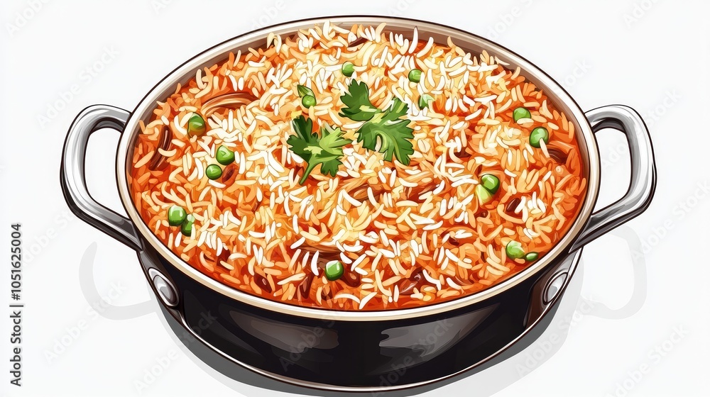 A pot of Indian style rice with peas and cilantro. A pot of Indian style rice with peas and cilantro.