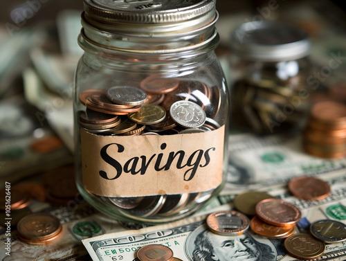 Glass Jar Full of Coins Labeled Savings on a Background of Dollar Bills photo