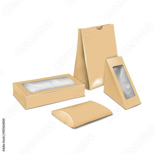 Craft takeaway street food packaging set. Realistic 3d vector mock-up. Kraft paper bag, paperboard pillow box, sandwich box, rectangle window box package. Mockup. Easy editable. Template for design
