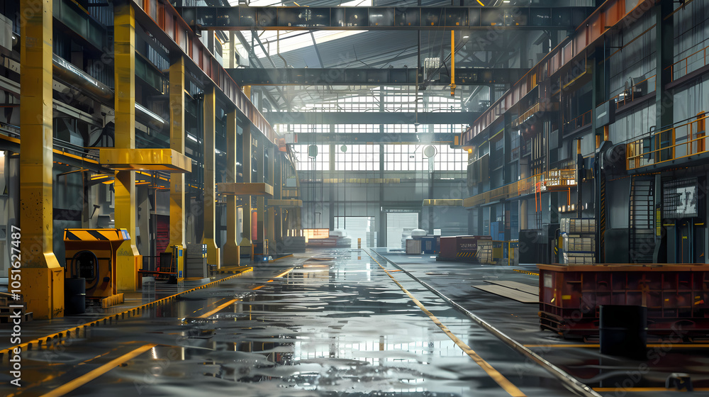 Industrial storage warehouse with yellow steel beams Industrial storage warehouse with yellow steel beams