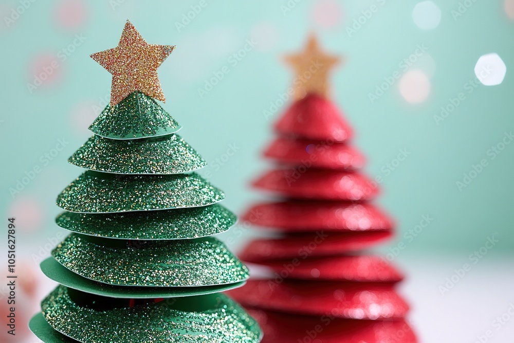 3 Christmas trees: a red, glittery, and gold one with a star on top; green Christmas trees with colorful beads and stars 3 Christmas trees: a red, glittery, and gold one with a star on top; green Christmas trees with colorful beads and stars