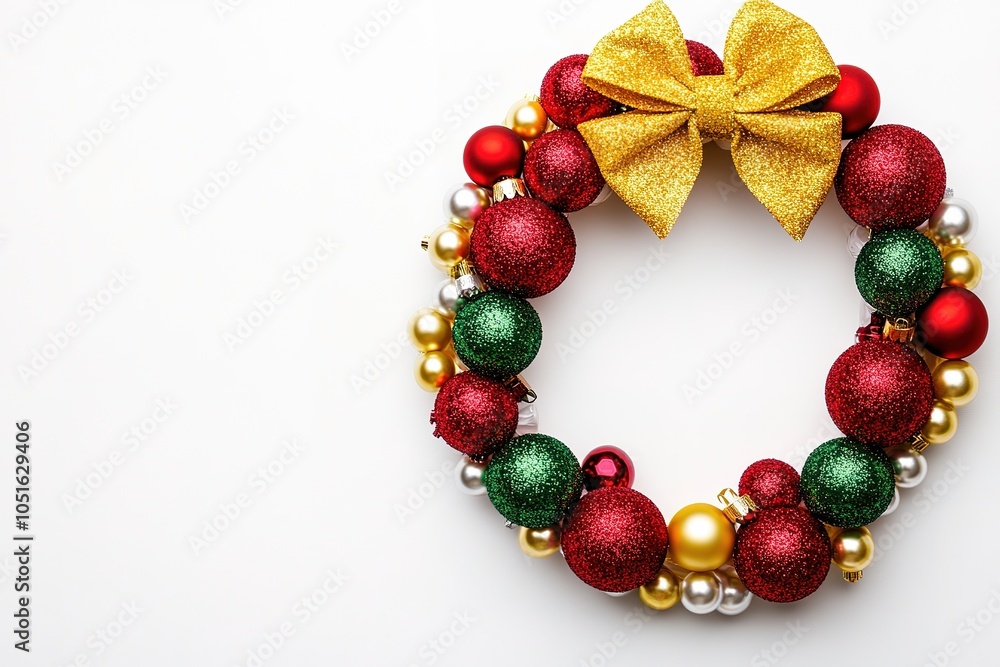 Cute Christmas wreath made of red, yellow, and green glitter paper with pearls on the edges, white background, and a big bow in the middle Cute Christmas wreath made of red, yellow, and green glitter paper with pearls on the edges, white background, and a big bow in the middle