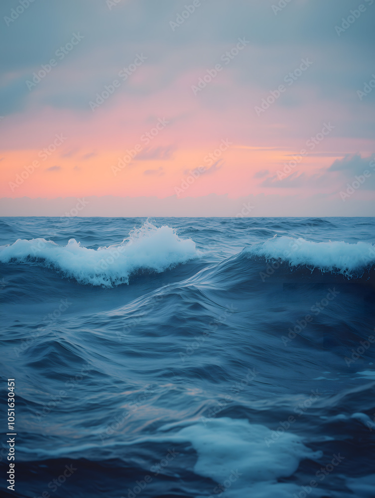 Serene Twilight Ocean Waves with Pink Sunset Sky Serene Twilight Ocean Waves with Pink Sunset Sky