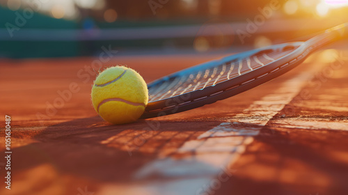 Sunset Tennis Game - Tennis Ball and Racket on the Court