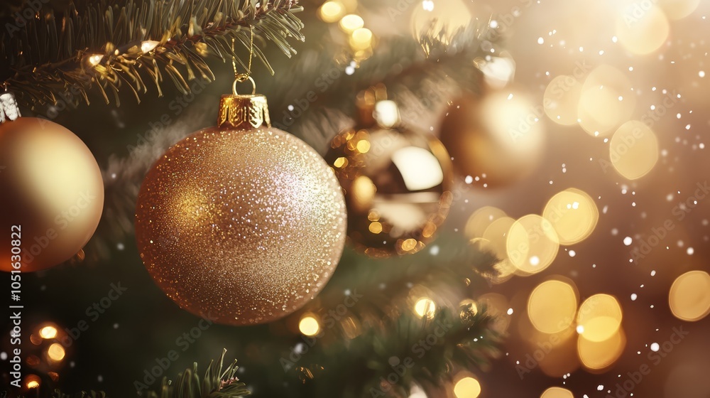 Glowing gold ornament adorns a festive christmas tree, spreading holiday cheer sparkling Glowing gold ornament adorns a festive christmas tree, spreading holiday cheer sparkling