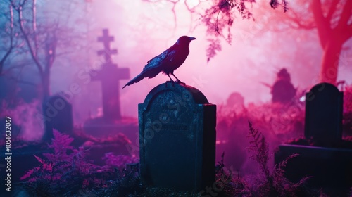 Tombstone with crow in spooky graveyard Halloween night setup with haunted theme for scary design atmosphere photo