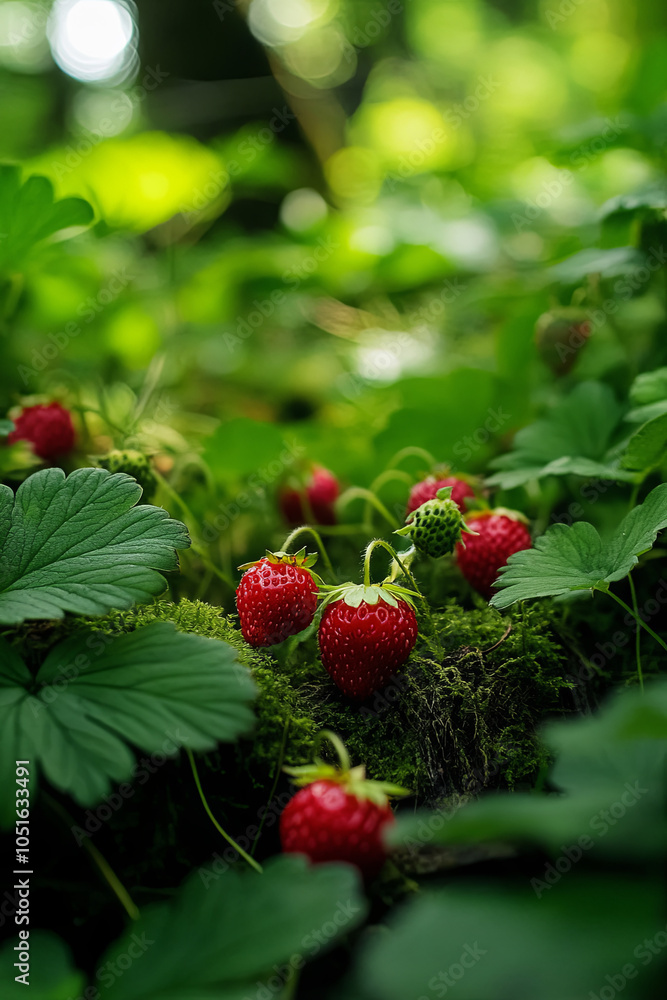 Wild strawberries nestled among the foliage in a quiet corner of the forest Wild strawberries nestled among the foliage in a quiet corner of the forest
