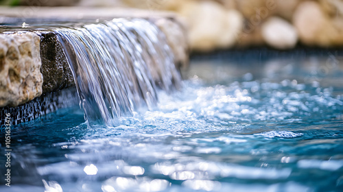 A close-up of the water flowing over the edge of a waterfall, creating ripples in the natural swimming pool below 