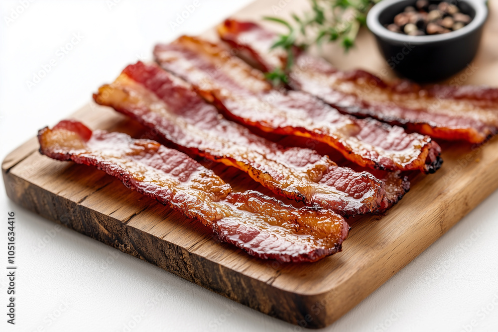 Crispy Bacon Strips on Wooden Board Crispy Bacon Strips on Wooden Board