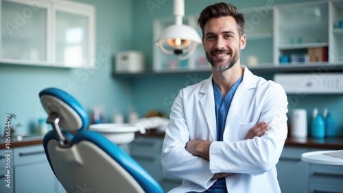 Confident denist with a welcoming smile, seated in a contemporary clinic.