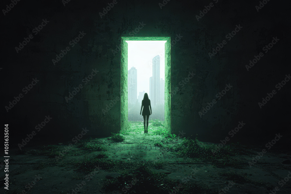 person standing in doorway of abandoned building, looking out at cityscape shrouded in green light. atmosphere is mysterious and evokes sense of exploration and curiosity person standing in doorway of abandoned building, looking out at cityscape shrouded in green light. atmosphere is mysterious and evokes sense of exploration and curiosity