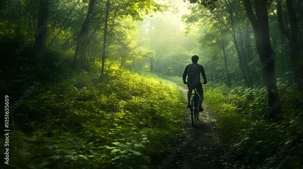 Obraz premium Young man biking through forest. 