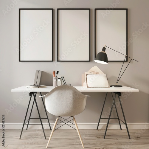 A modern home office with a white desk. black trestle legs. a white chair. three black framed posters. and a black desk lamp on a grey wall photo