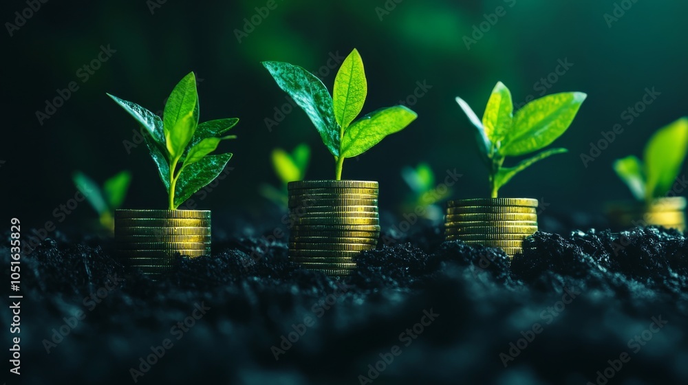 Green Sprouts Growing from Gold Coins in Dark Soil Green Sprouts Growing from Gold Coins in Dark Soil