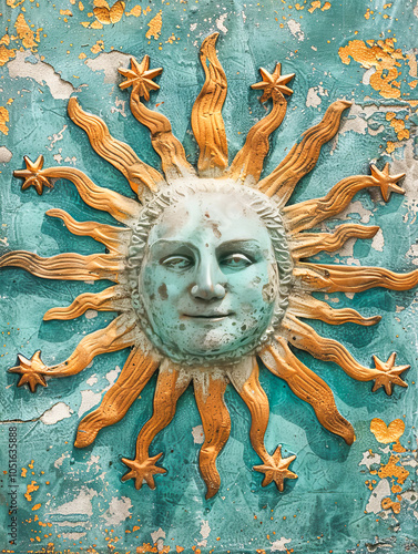 Green patina sun face bas relief showing the power of the summer solstice photo