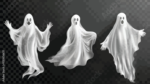  Set of realistic ghosts isolated on transparent