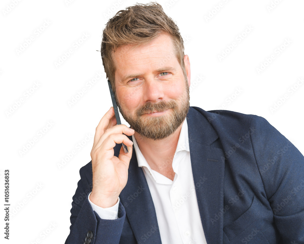 Portrait of Smiling Businessman using smartphone over transparent background.young people working on mobile devices, business technology lifestyle concept