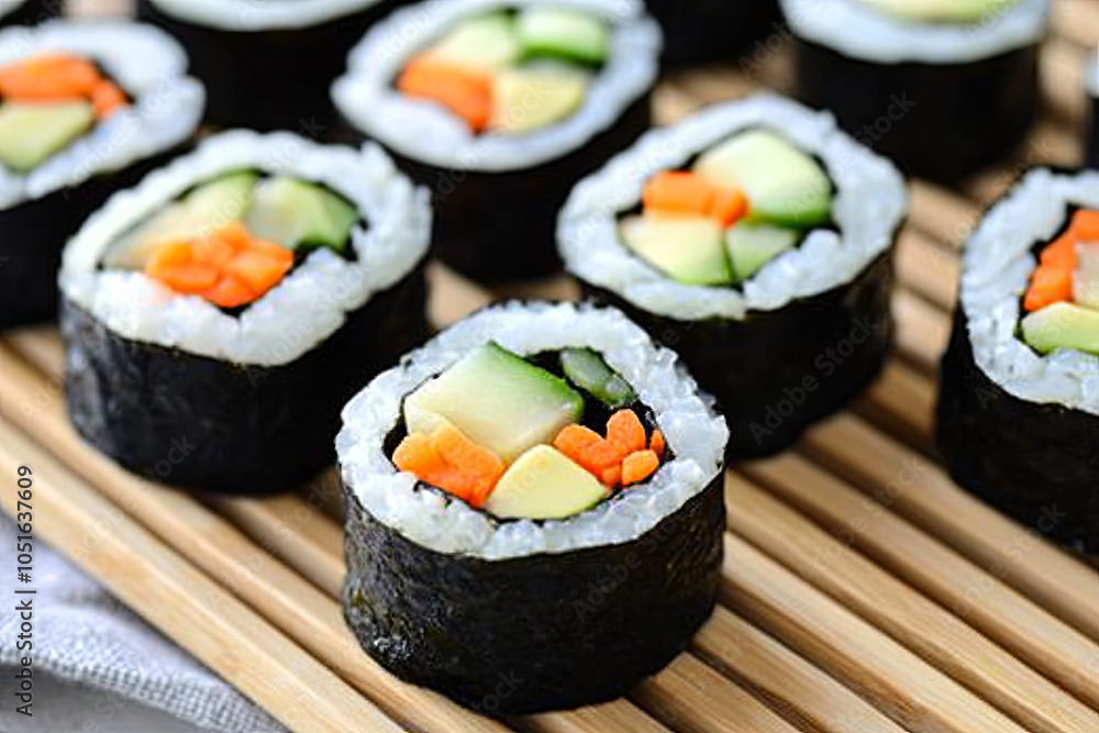 Vegan sushi roll with cucumber, avocado, and carrots on a bamboo mat Vegan sushi roll with cucumber, avocado, and carrots on a bamboo mat
