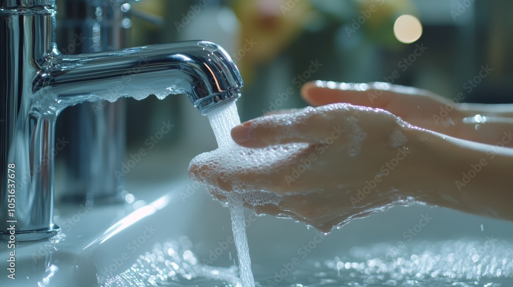 Washing Hands with Soap and Water in a Bathroom Sink Stock Photo ...