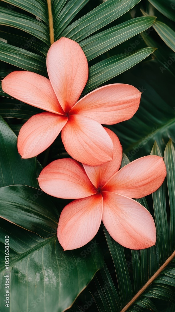 Fototapeta premium Beautiful pink flowers surrounded by lush green leaves, ideal for nature-themed designs.