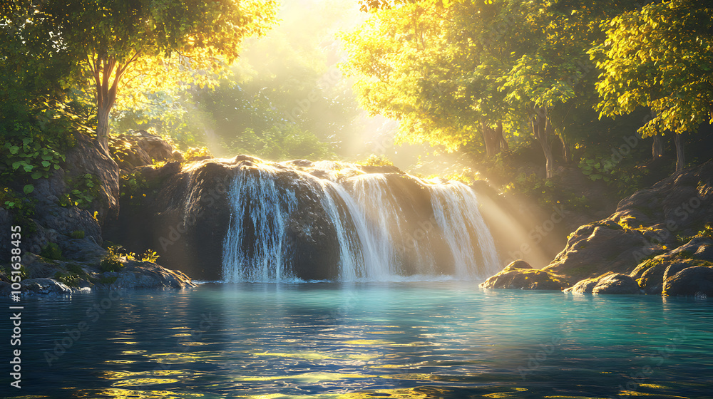 A dramatic waterfall cascading into a deep natural swimming pool, with sunlight creating shimmering reflections on the water's surface A dramatic waterfall cascading into a deep natural swimming pool, with sunlight creating shimmering reflections on the water's surface