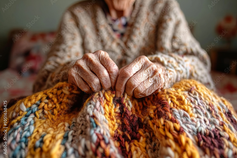 Close-up of an elderly person’s hands knitting or crocheting a blanket