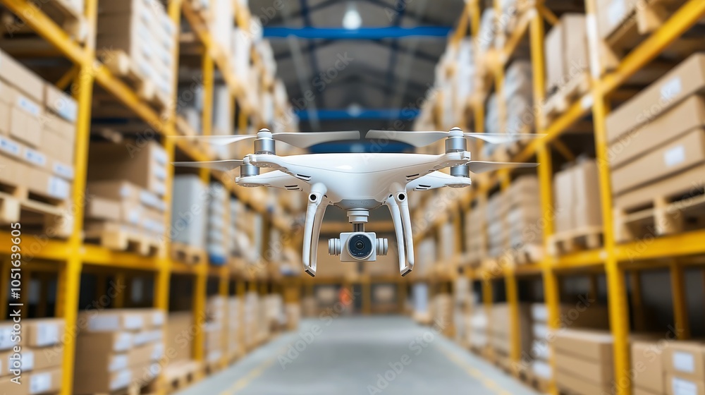 Fototapeta premium A drone hovers in a spacious warehouse filled with stacked boxes, showcasing modern logistics and technology in inventory management.