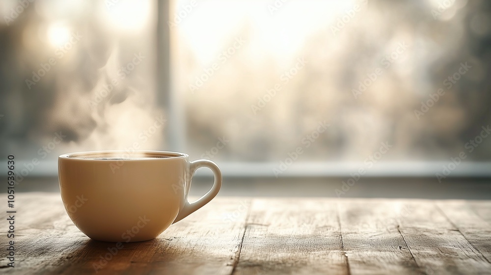 Fototapeta premium White cup of hot coffee, cappuccino stands on a wooden background