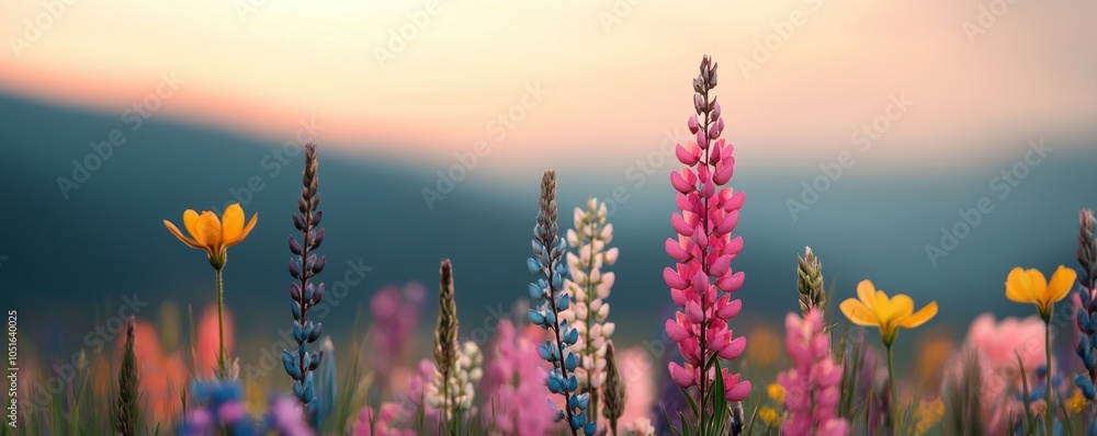 Obraz premium Colorful wildflowers blooming in a meadow under a beautiful sunset.