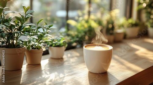 White cup of hot coffee, cappuccino stands on a wooden background