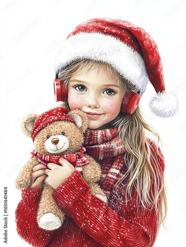 Cheerful girl in Christmas attire holding a teddy bear Cheerful girl in Christmas attire holding a teddy bear