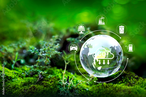 Earth with carbon reduction icon and footprint to limit global warming from climate change, Bio Circular Green Economy concept.