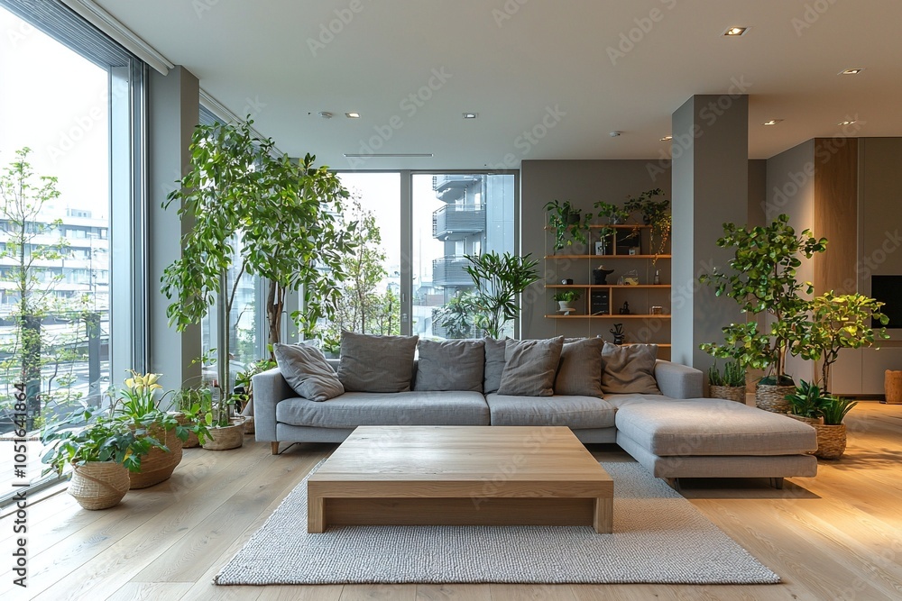 Fototapeta premium Mid century Modern interiors in the living room with a sofa and table and windows in view. Generative AI 